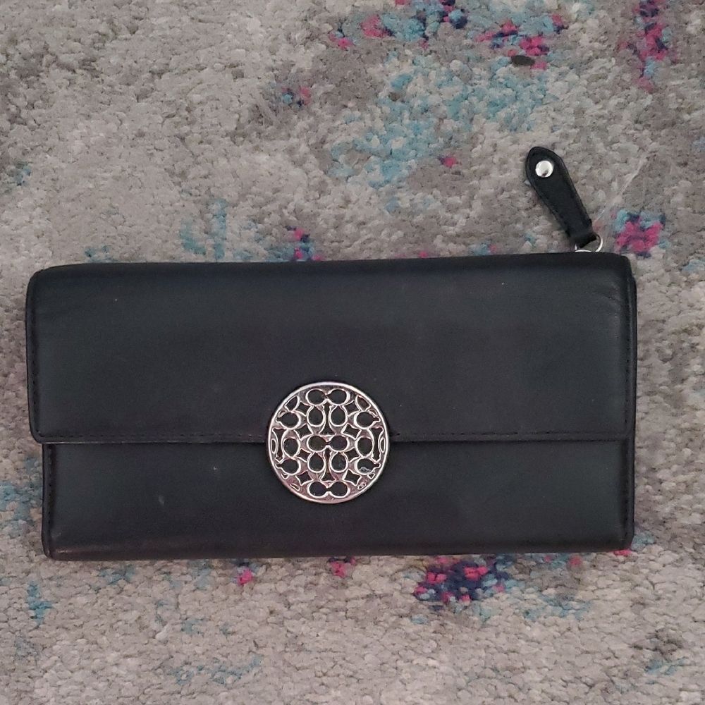 Coach Y2K Alexandra Signature Silver Ornament Black Leather Wallet